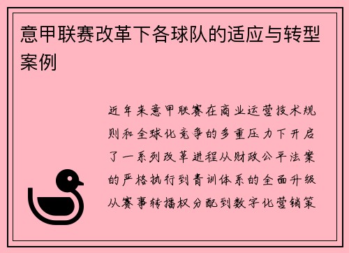 意甲联赛改革下各球队的适应与转型案例